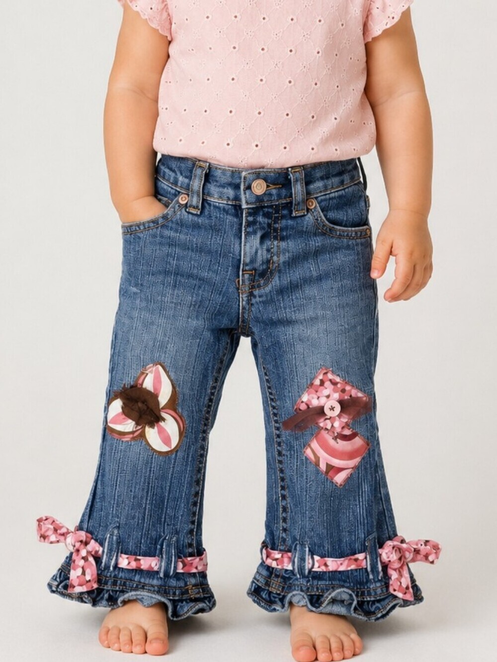 3/$30 PLACE Denim Ruffle Stretch Flare Floral Patchwork Bow Jeans